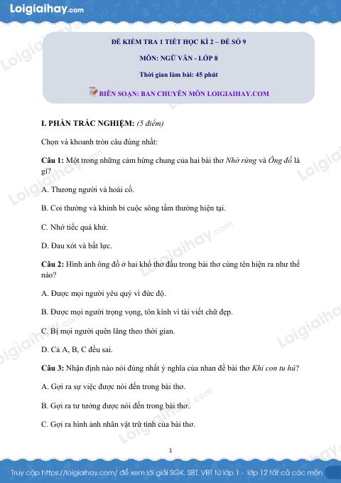 Đề kiểm tra 1 tiết Văn 8 - Đề số 9
